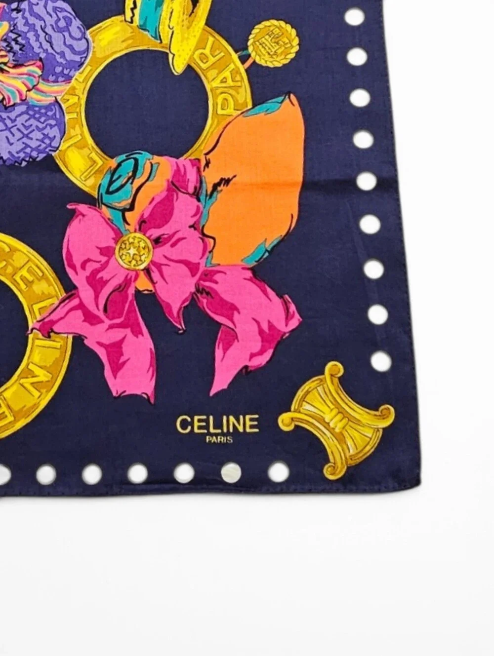 Celine Paris Cotton Scarf with Navy, Magenta & Gold Hats And Rings Print - Picture 4 of 7